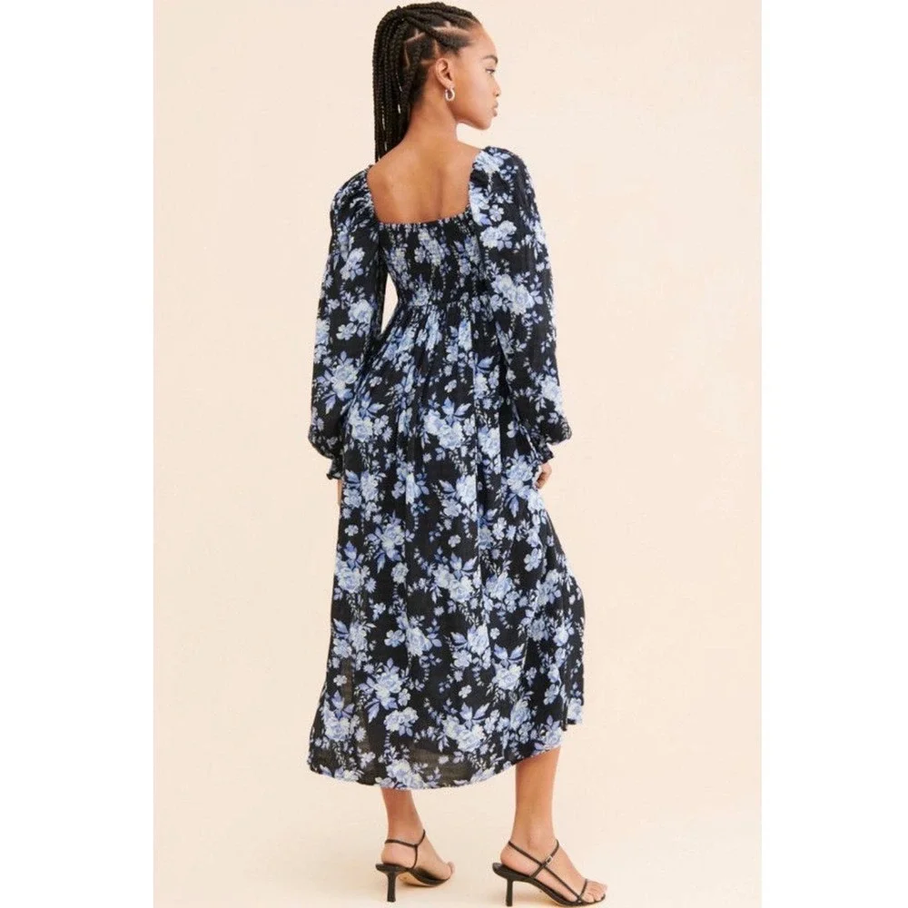 Free People Floral Maxi Dress Blue Black Small Smocked Long Sleeve Square Neck‎